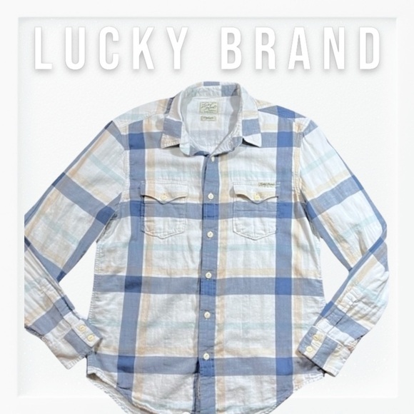 Lucky Brand Basic Western Flannel Blue & Cream Mens Button Down sz M - Picture 1 of 13